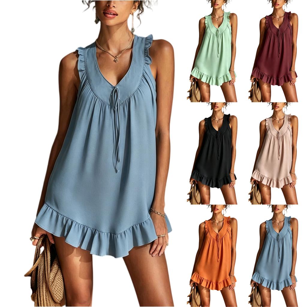 Women's Summer Fashion V Neck Ruffle Casual Vacation Vest Dress