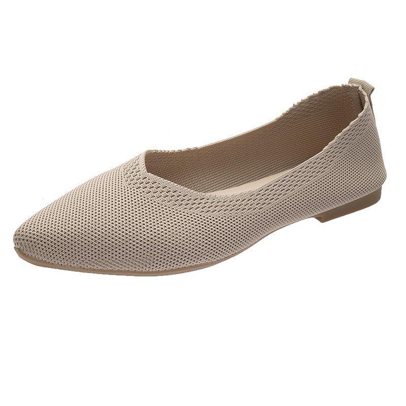 Solid Color Pointed Toe Women's Slip-On Flats - Breathable, Low Heel, Casual Knit Design