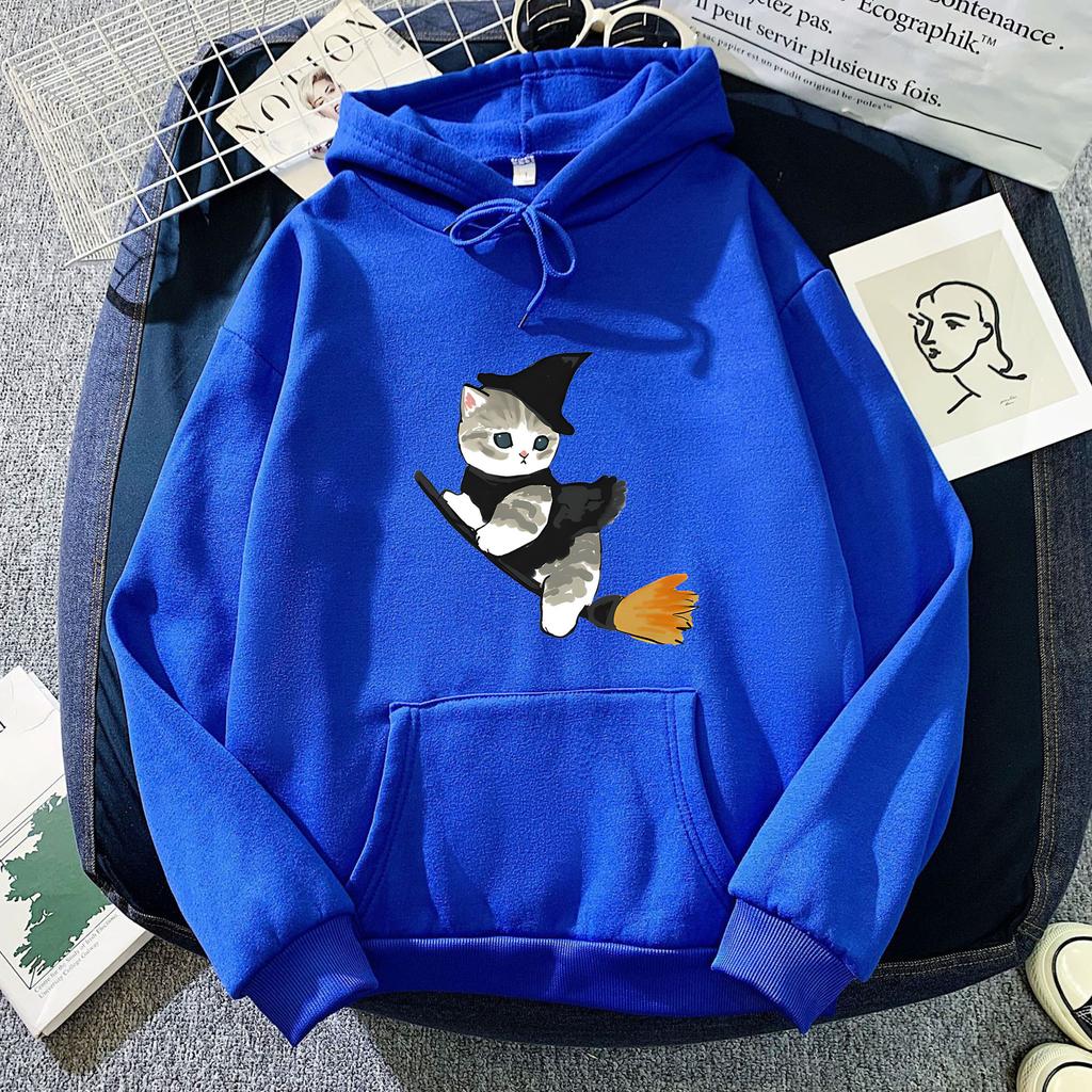 European and American Autumn and Winter Witch Cat Print Hoodie Sweatshirt for Men and Women, Korean Style Casual Tops for Couples