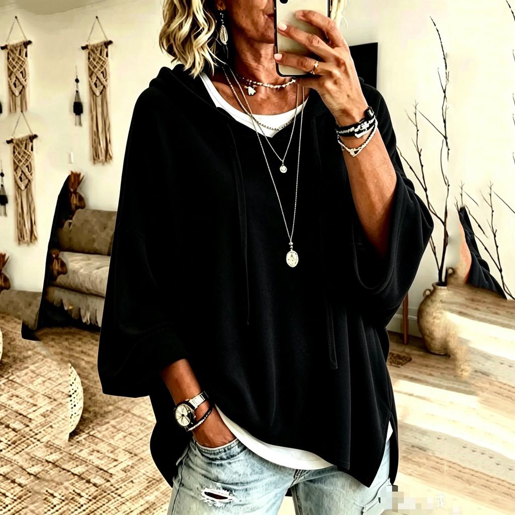 Women's Casual Velvet Hooded Top with Three-Quarter Sleeves Color