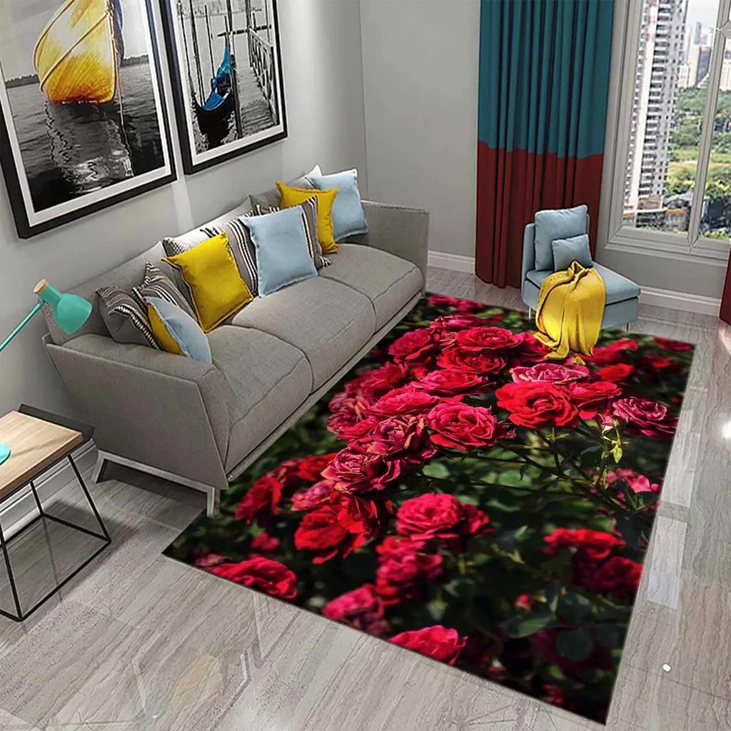 Red Rose Romantic Flower Carpet Soft Floral Rugs for Bedroom Living Room Valentine Decorative Area Mats