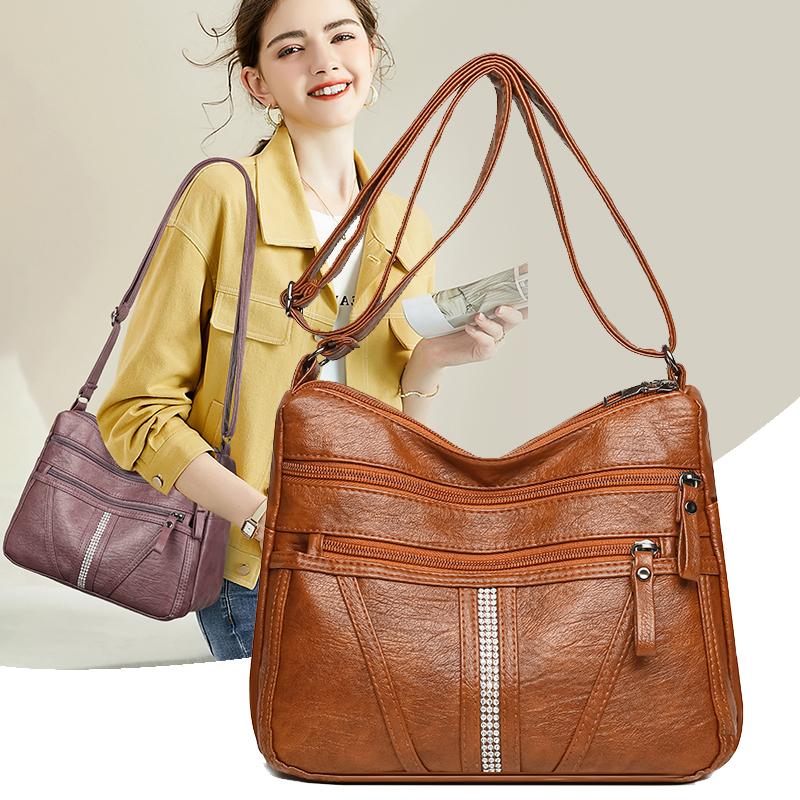 Odinė kryžinė rankinė su daug kišenių moterims, vintažinė, skirta kasdienai, ant peties, vidutinio amžiaus mamai, tinkama kasdieniam važiavimui į darbą, darbui, apsipirkinėjimui