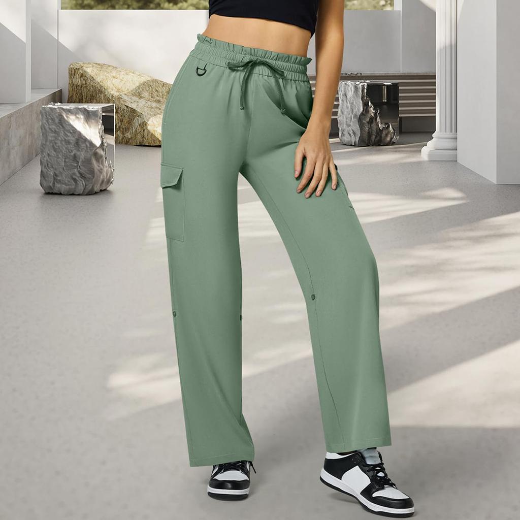 Women's Casual Fashion Solid Color Elastic Waist Drawstring Pocket Wide-Leg Straight-Cut Joggers