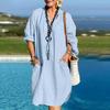 Women Summer Boho Cotton Linen Dress Casual Beach Vacation Sundress Long Sleeve V Neck Loose Dress