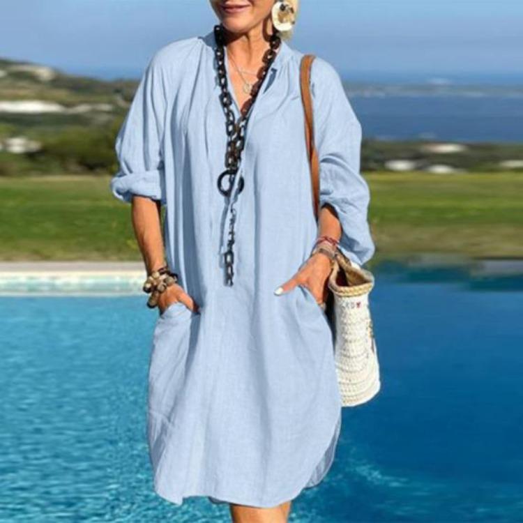 Women Summer Boho Cotton Linen Dress Casual Beach Vacation Sundress Long Sleeve V Neck Loose Dress