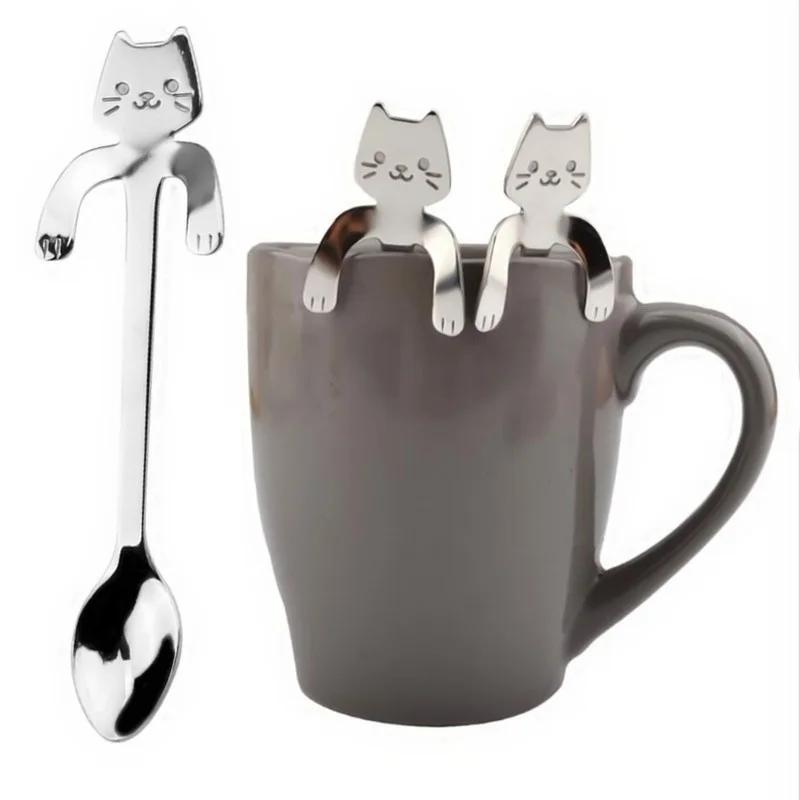 1 sztuka Cute Cat Łyżka Długa rączka Łyżki Sztućce Narzędzia do picia Gadżety kuchenne (Kolor: Srebro)
