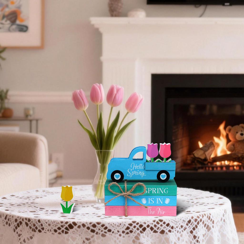 7 Pcs Spring Wooden Table Signs Decorations Hello Spring Table Centerpiece Rustic Farmhouse Easter Faux Book Stack Pastel Tulip