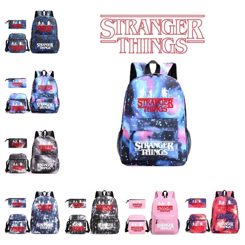 Stylish Stranger Things Canvas Backpack Set Includes Shoulder Bag And Pencil Case Perfect For Casual Travel