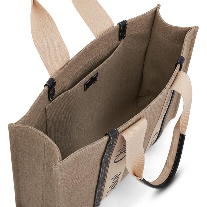 Chloe Woody Logo Print Satin Ribbon Canvas And Leather Tote Bag Women Tote Bags CHC22-AS382I26-91J