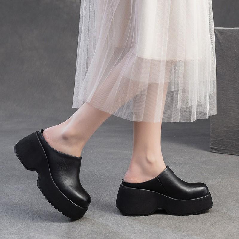 Johnature Thick Soled Wedges Slippers Retro Genuine Leather Solid Color Women's Platform Shoes