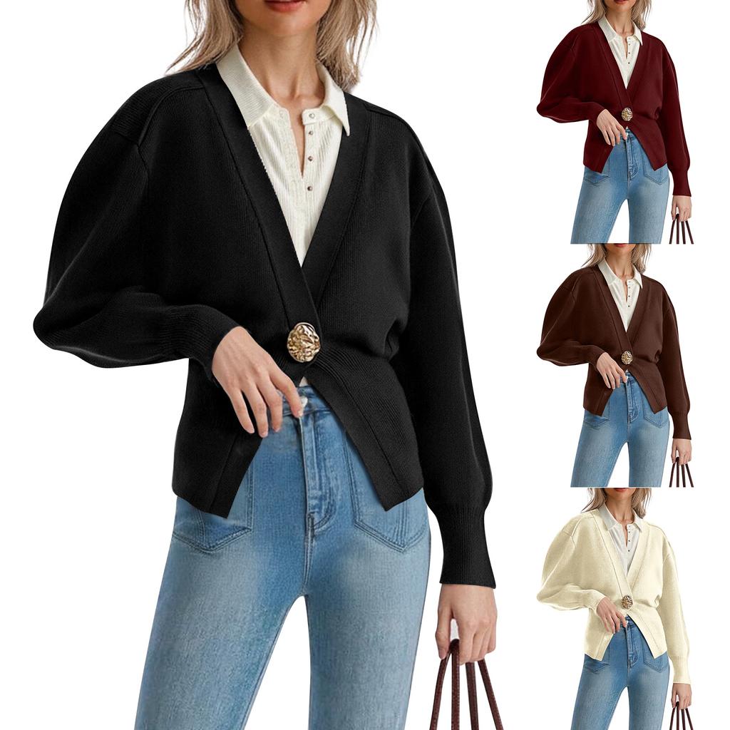 Women's Fashion Solid Color V-Neck Button-Up Knitted Cardigan Sweater