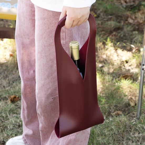 V-shaped Handle Wine Holder Faux Leather Tote Bag, Portable Carrier Pouch, Waterproof Packaging Bag Single Bottle Protector Sleeve for Champagne Beer