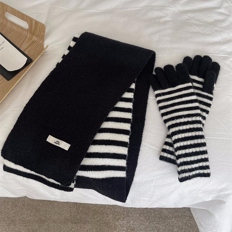 

Имитация кашемира полосатый вязаный шарф, перчатки комплект универсальный теплый шарф для пар для мужчин и женщин чёрный