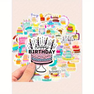 50 Sztuk 4,8 cm*5 cm Kreskówkowe Ciasto Urodzinowe i Świeczka Happy Birthday Naklejki Graffiti, Spersonalizowana Dekoracja, Odpowiednie do Gitar, Notesów