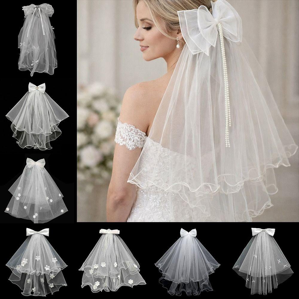 New Double Layer Bridal Veil Lace Edge White Women's Tulle Bow Puffy Photo Veil for Wedding Party