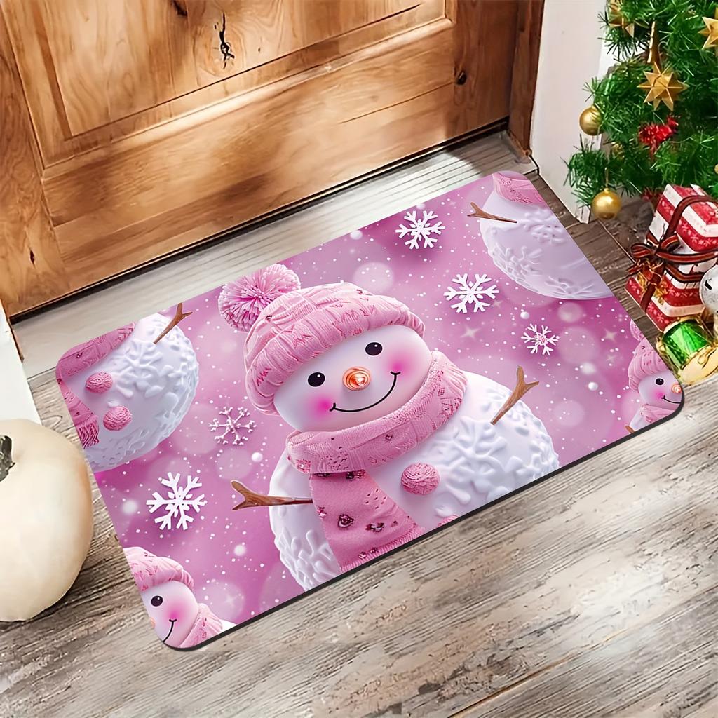 VIKAMA Pink Snowman Snowflake Xmas Doormat Non-Slip Washable Front Door Rug Indoor Outdoor Winter Entrance Decor