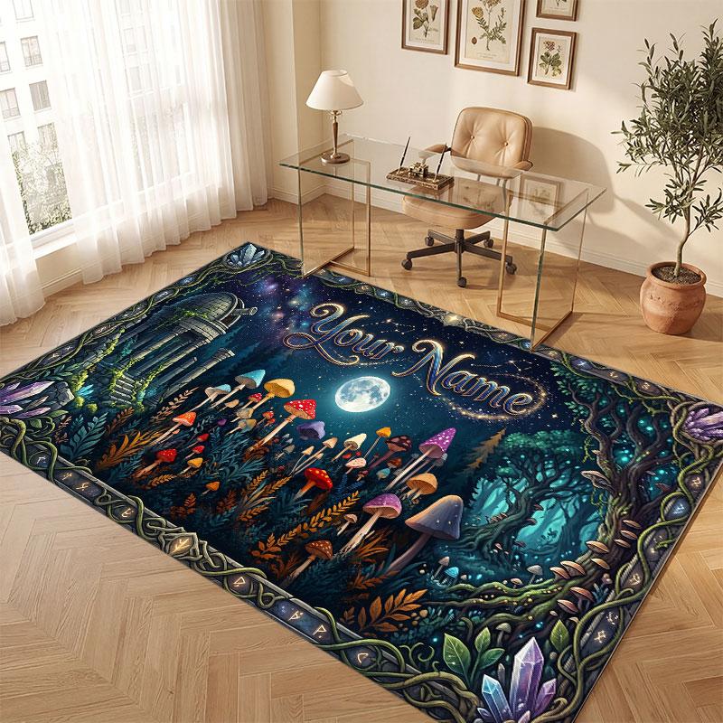 Mushroom Forest Theme Crystal Velvet Floor Rug Personalized Custom Name Text Warm Carpet Home Decoration