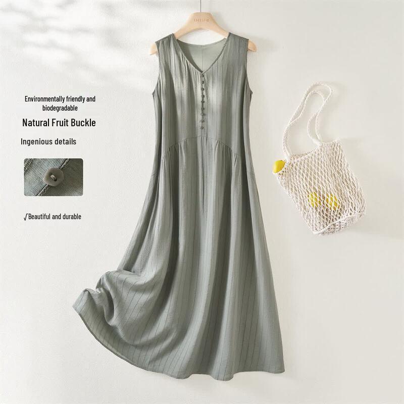 IHIMI Relaxed Linen-Blend V-Neck Midi Dress 2XL