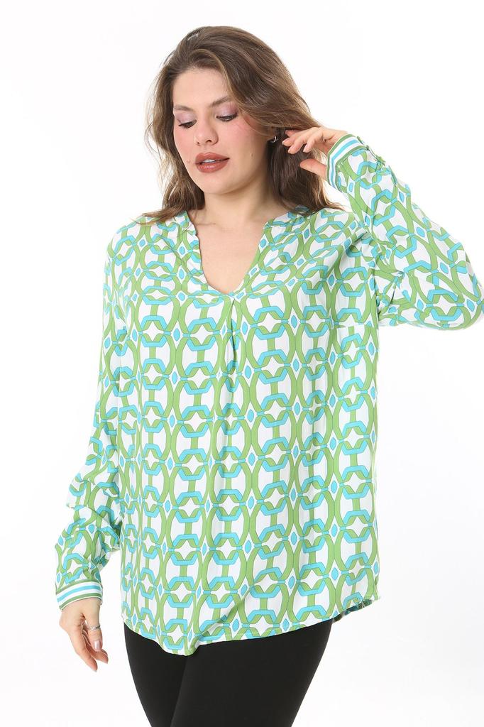 Damen Übergröße Bluse Plus Size Grün Gewebte Viskose Stoff V-Ausschnitt Bluse