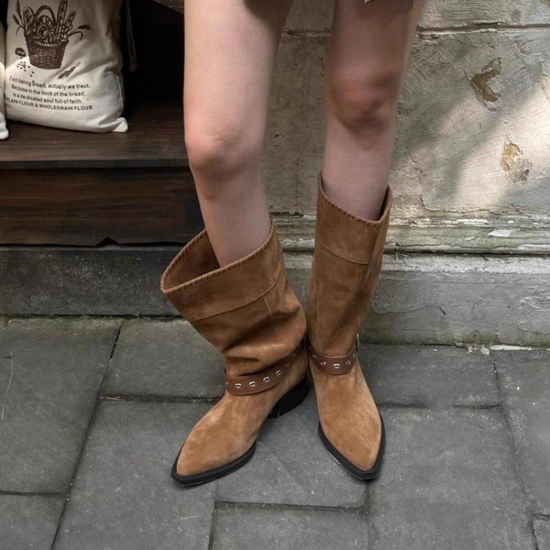 Pile Boots Women's Fall New Vintage Pointed Toe Suede Studded Metal Buckle Block Heel Western Cowboy Boots