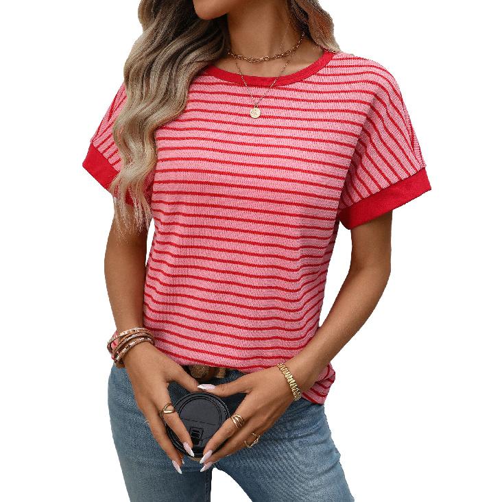 2026 Summer New Women's Casual Round Neck Patchwork Short Sleeve Striped T-Shirt