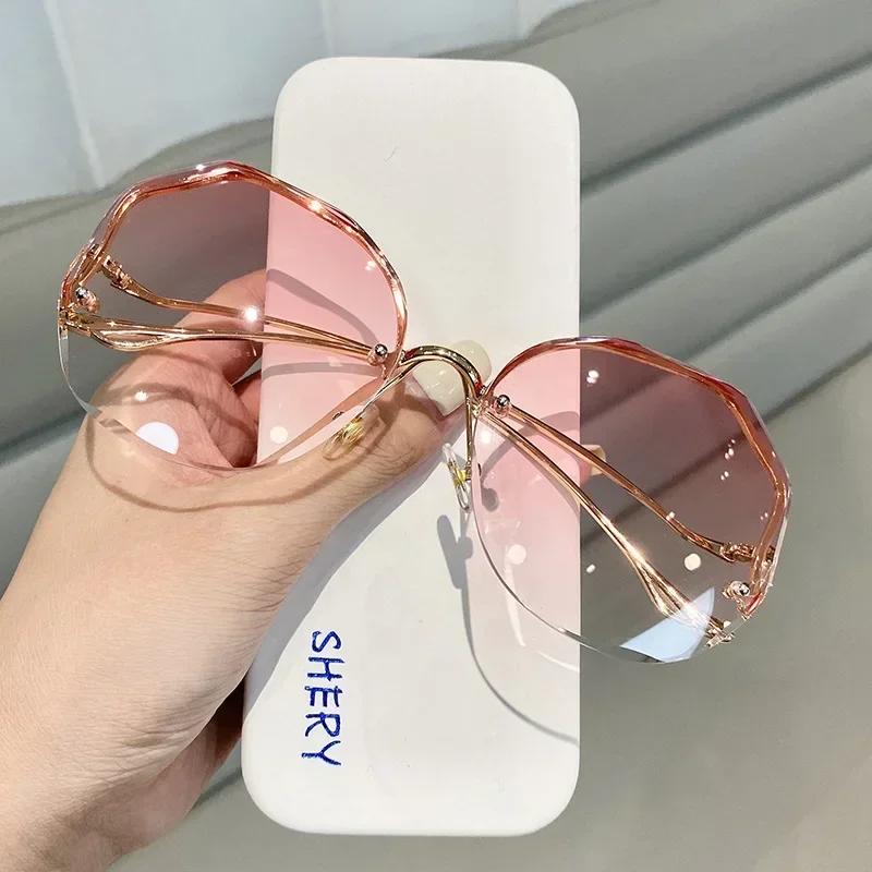 Rimless Sunglasses Polygon Fashion Popular Women Men Shades Big Frame Round Sun Glasses for Female Oculos Gradient Sunglasses