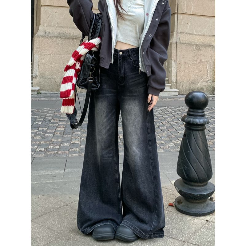 Kumikumi American Retro Black High Waist Denim Female Autumn Loose Slimming and All-Matching Loose Pants Mop Pants