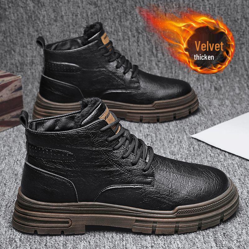 Men's Winter British Retro Motorcycle High-Top Martin Boots - Leather, Fur, and Velvet Lined for Warmth