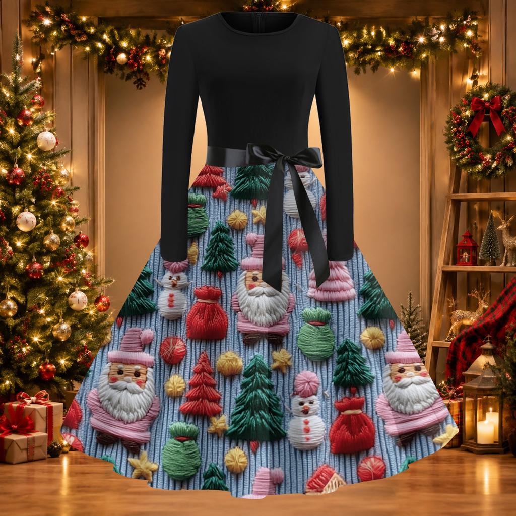Women's Casual Christmas Print Neck Vintage Dress for Holiday Party