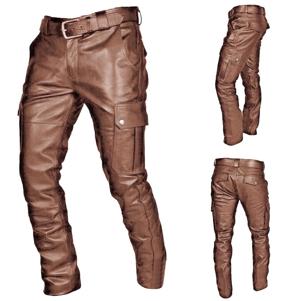 Herfst en winter heren effen kleur retro PU leren broek casual cargo broek