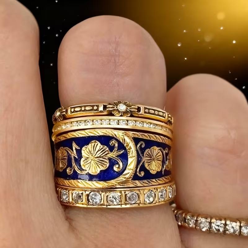 Yanbai Retro Bohemian Enamel Blue Wide Band Ring with Copper Micro-inlaid Zircon