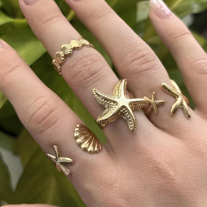 4Pcs/Set Summer Beach Trendy Geometric Gold Silver Starfish Scallop Adjustable Open Rings for Women Jewelry