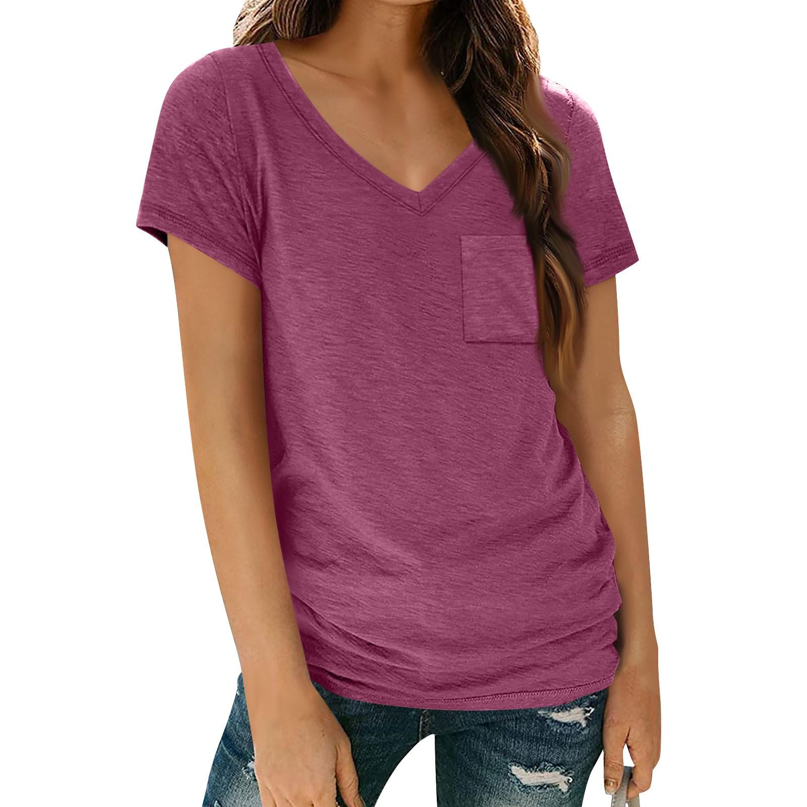

Женские футболки с коротким рукавом, топы с v-образным вырезом и карманами, летняя модная модная мягкая повседневная удобная одежда, одежда M фиолетовый