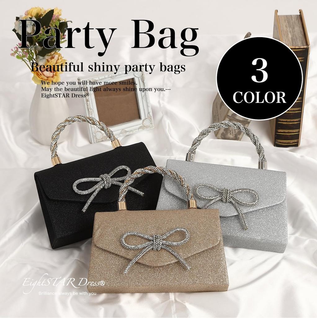 EightSTAR Dress Wedding Bag, Party Bag, Ribbon, Women's, Formal, Beaded, Sparkling, Compact, Handbag, Guest Bag (Black)