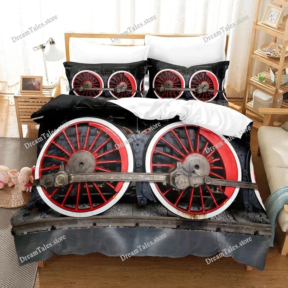 Set Copripiumino Motore a Vapore Trasporto Vecchio Treno King Queen Matrimoniale Completo Poliestere Set Biancheria da Letto per Ragazzi Adolescenti Adulti Soggiorno