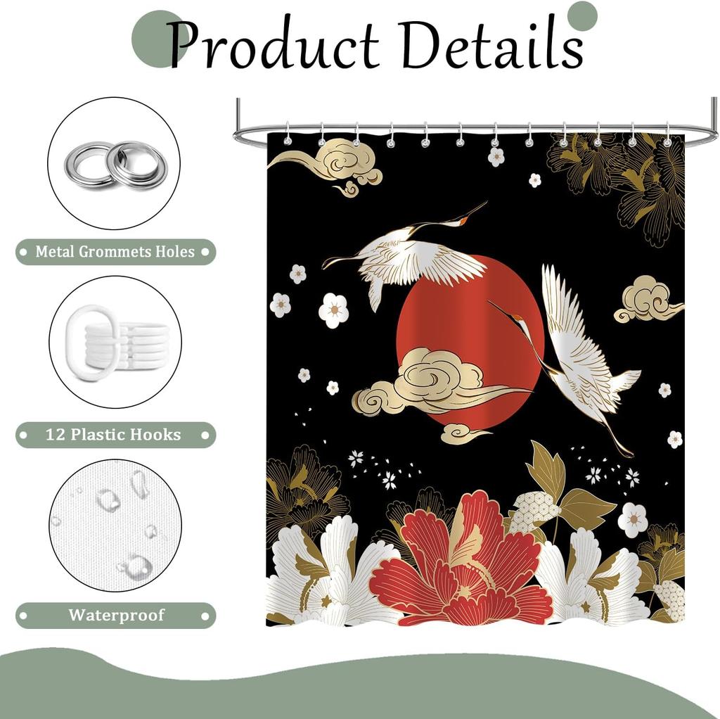 Japanese Shower Curtain, Black Gold Pine Tree Red Sun Abstract Asian Anime Shower Curtain Set For Bathrooom, Waterproof