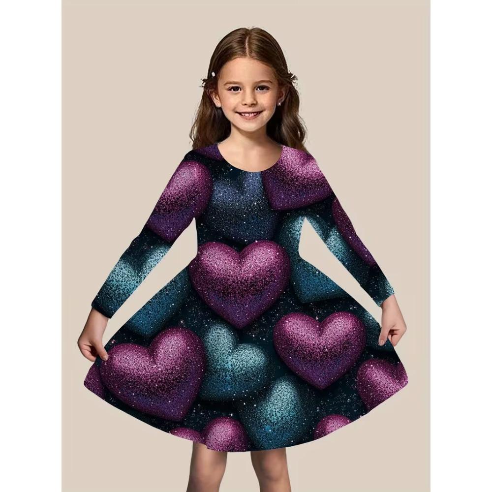 Girls' 3D Purple Galaxy Dress Long Sleeve Summer Spring Vacation Daily Holiday Princess Beautiful Sweet Kids 4-12 Years Casual Dress A Line Dress