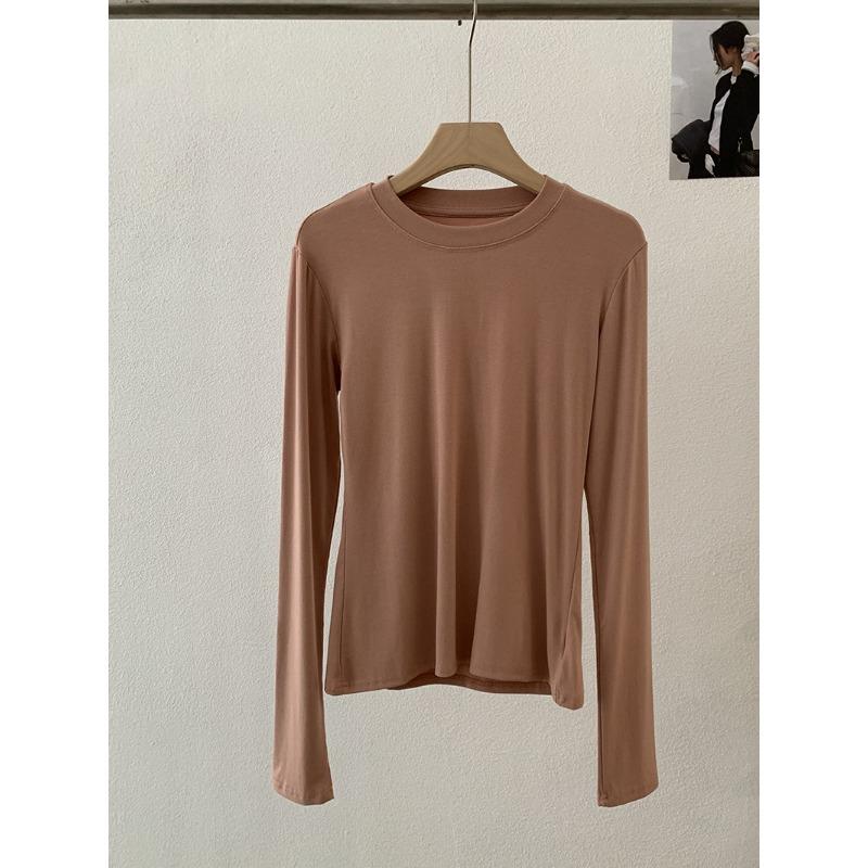 Frühling Herbst Rundhals Einfarbig Unterteil T-Shirt Damen Langarm Schlicht Allround Elastischer Pullover T-Shirt Top