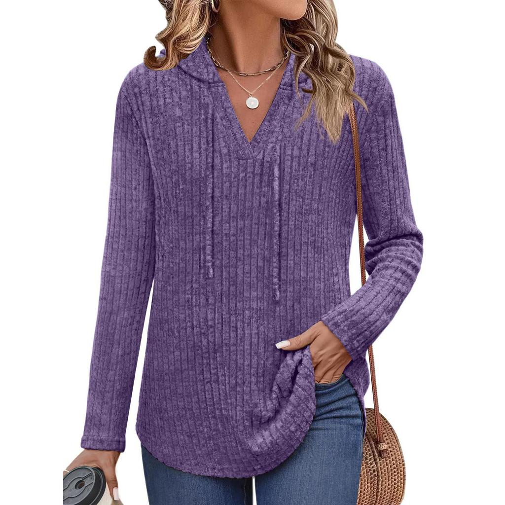 2025 Autumn/Winter Women's Plus Size V-Neck Hooded Ribbed Long Sleeve Loose T-Shirt