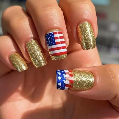24 Pcs Independence Day False Nail Stripe Press On Nail French Tip Acrylic Nail 4th of July Full Cover Stick On Nail