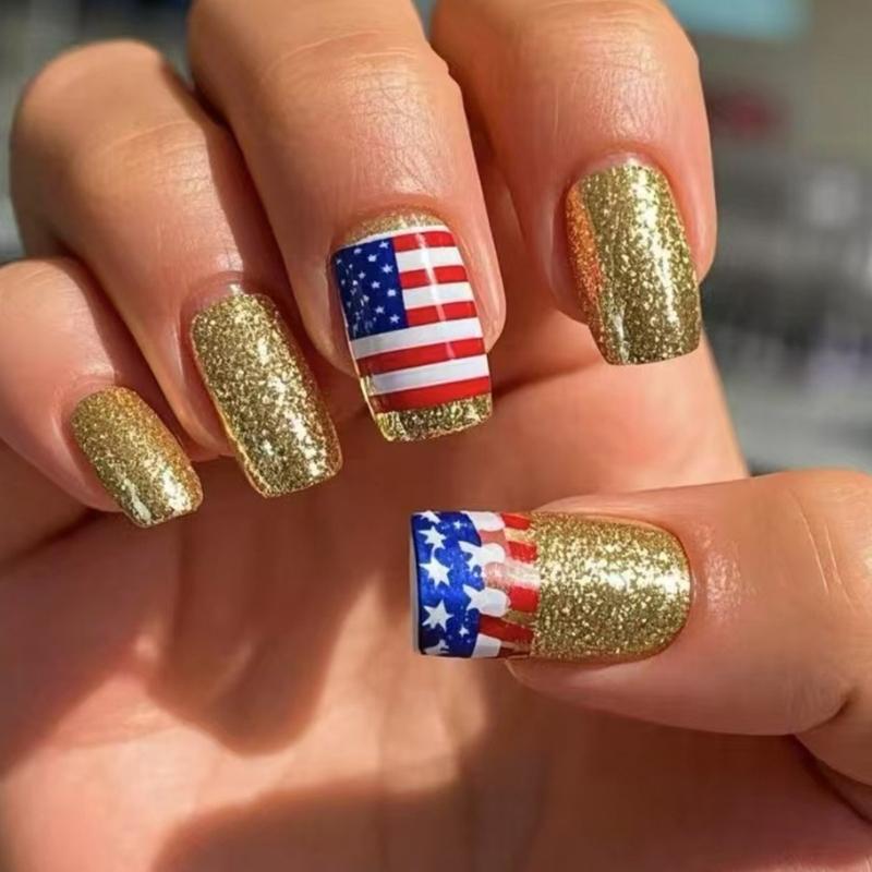 

24 Pcs Independence Day False Nail Stripe Press On Nail French Tip Acrylic Nail 4th of July Full Cover Stick on Nail 1