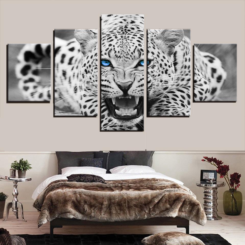 5 Pieces Canvas Wall Art Blue Eyes Leopard Tiger Painting Living Room Modern Decoration Animal Picture Print Home Decor Artwork 20X35 20X45 20X55CM
