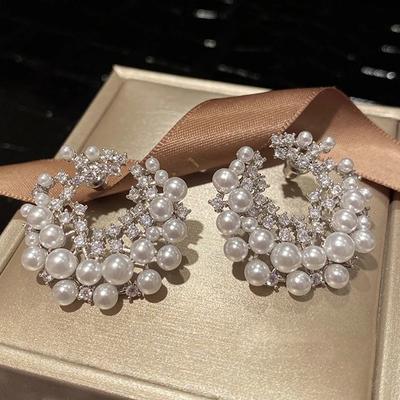 Exaggerate Irregular Circle Stud Earrings For Women Luxury Imitation Pearl Crystal Earring Wedding Bridal Accessories