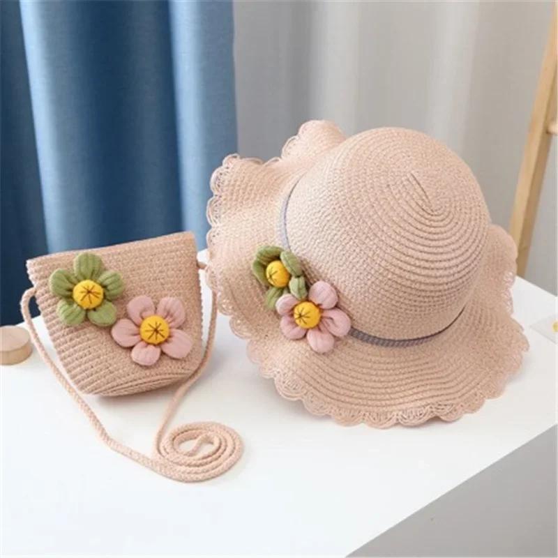 New 2 pcs Summertime Cute Children Straw Hat and Shoulder Bag Girls Outdoor Beach Cap Cute Bow Travel Beach Sun HatCrossbody Bag