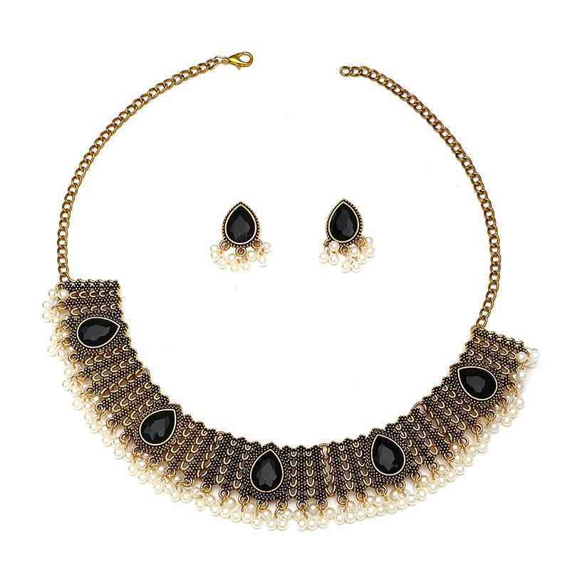 Meier Necklace and Earring Set - Exotic Pearl Rhinestone Tassel Choker Necklace with Court Style Earrings