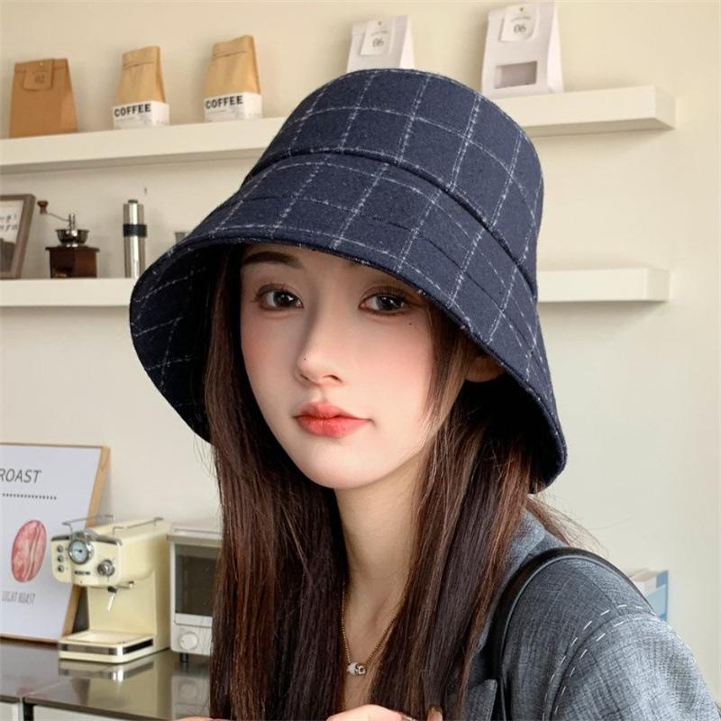 Retro style plaid bucket hat women's big brim shows small face versatile bow basin hat British style warm bucket hat
