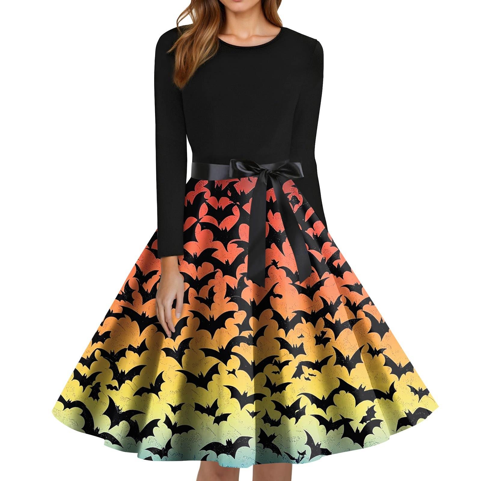 

Женское модное платье с круглым вырезом, повседневное, приталенное, с принтом на Хэллоуин и длинным рукавом M жёлтый