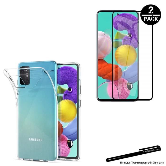 Protective Case and Tempered Glass - Toproduits® - Samsung A51 - Transparent - Flexible - Curved Black Edges