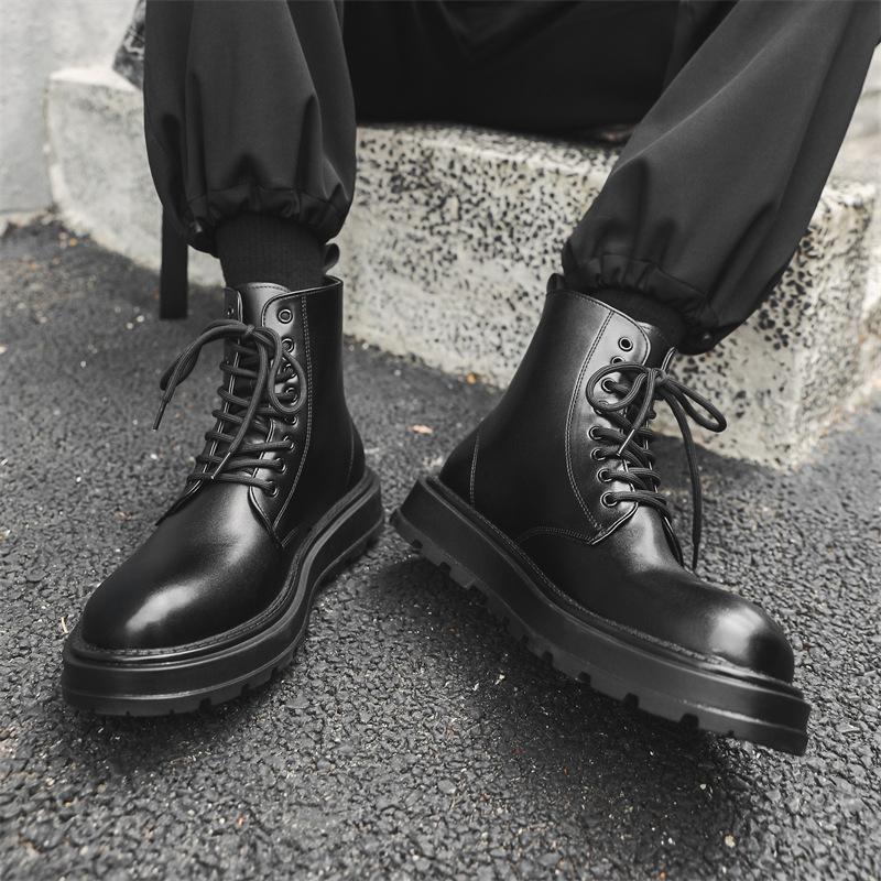 mens casual business office natural leather boots lace-up autumn winter shoes cowboy platform boot black stylish ankle botas man