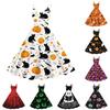 Women Off Shoulder Halloween Print Flared Vintage Dress with Spaghetti Straps and for Party or Casual Wear